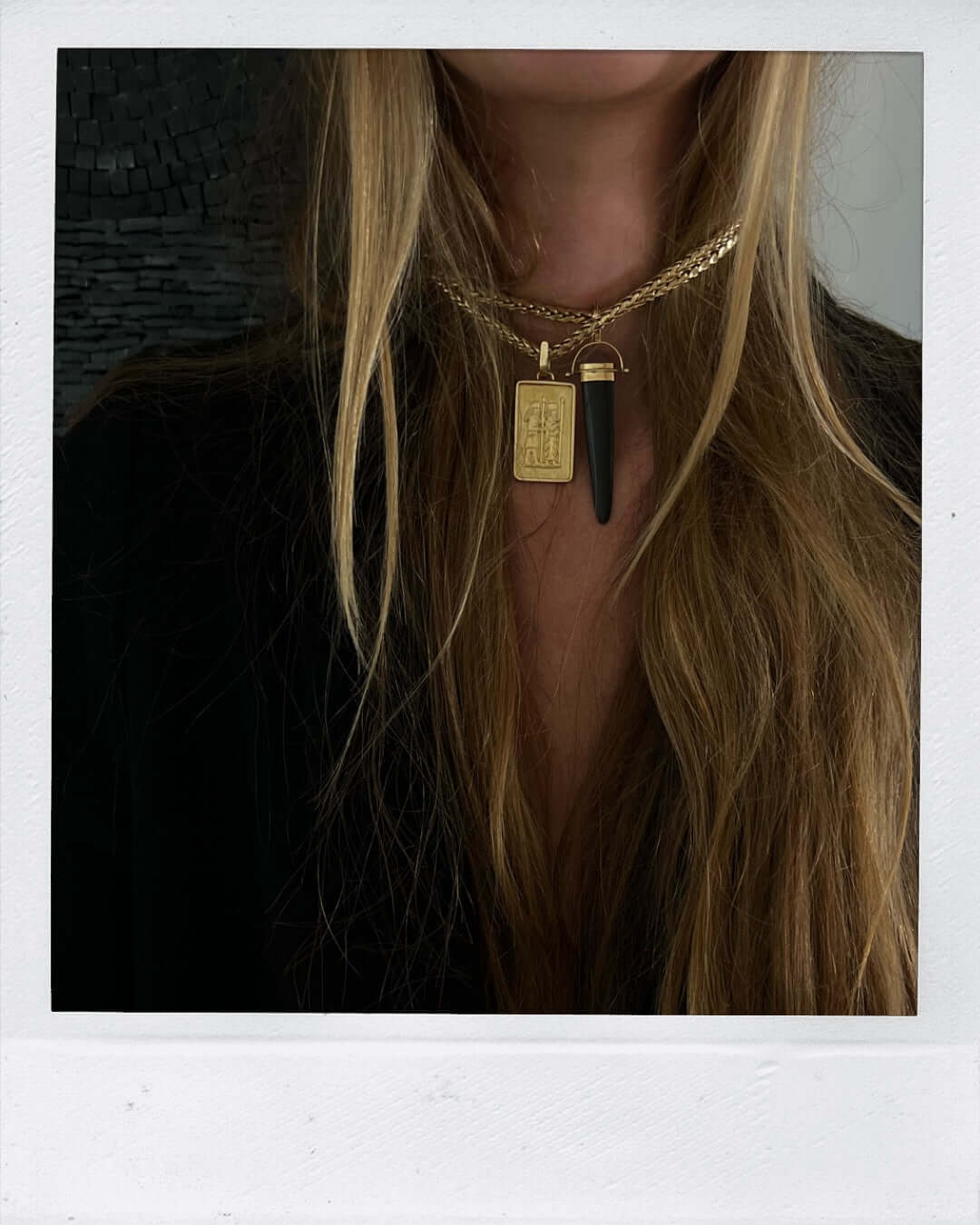 woman wearing moonstone agate charm pendant